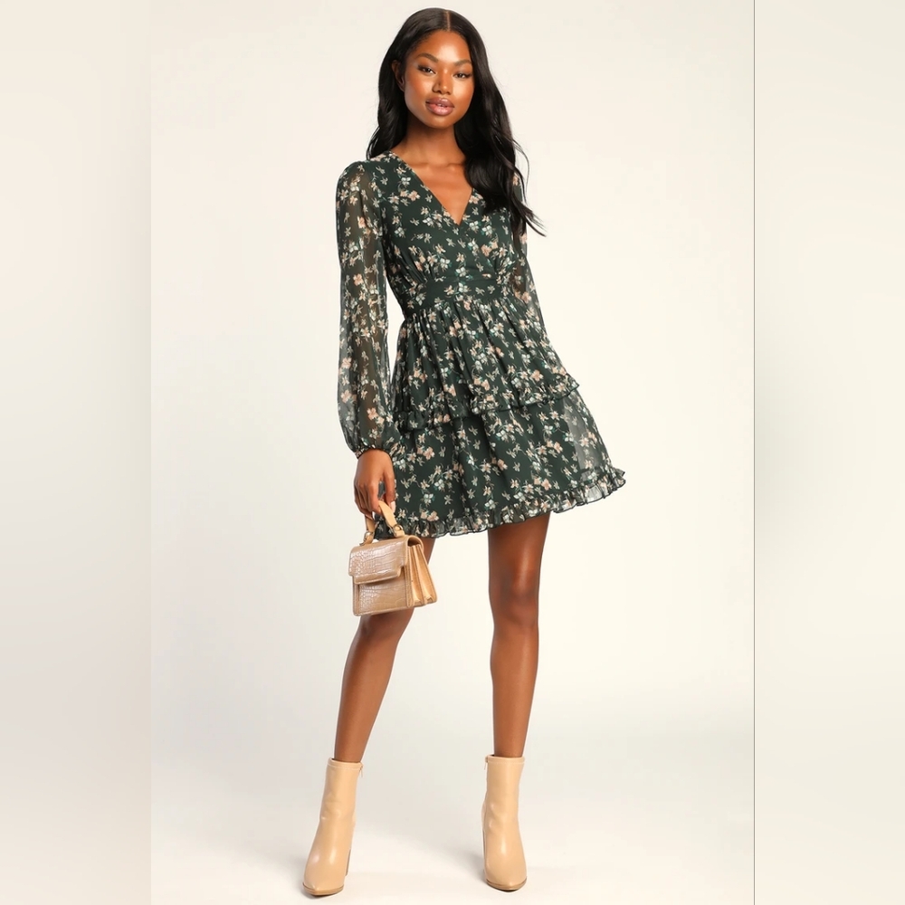 NWT Dark Green Floral Print Long Sleeve Mini Dress Summer Puffy Lulus